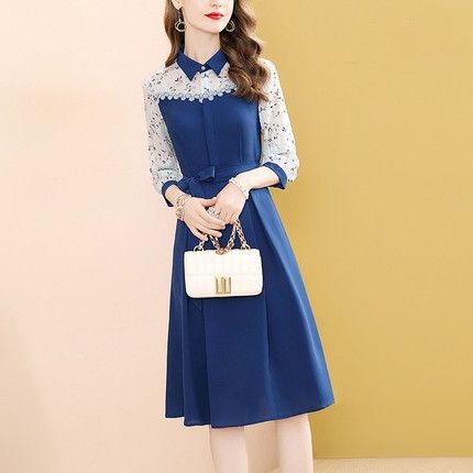 小香风春装时尚蓝色拼接收腰连衣裙早秋2021年新款气质休闲中长裙