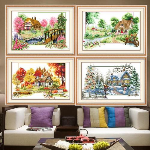 纯手工十字绣成品四季家园春夏秋冬风景画已绣好的客厅带框出售
