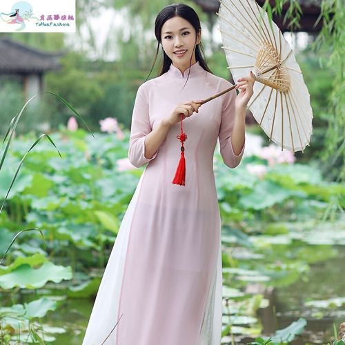 越南奥黛旗袍奥黛旗袍年轻款汉服茶艺服装女越南修身茶服中国风连衣裙