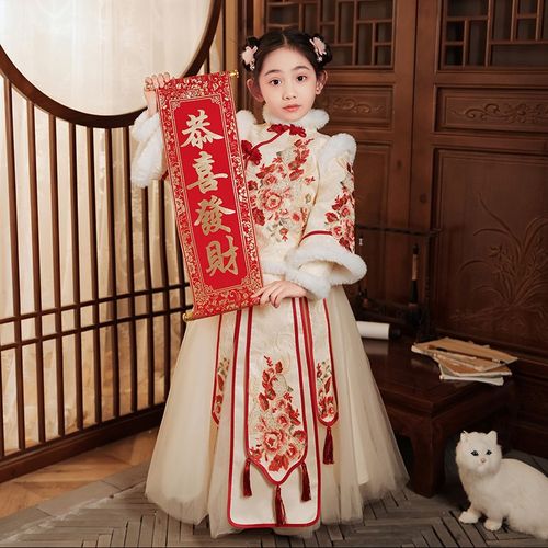 汉服冬装女童古风唐装连衣裙加厚儿童中国风拜年服女孩宝宝过年服