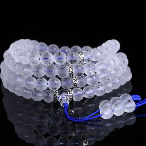 正品天然白水晶手链108颗佛珠男女款 磨砂六字真言