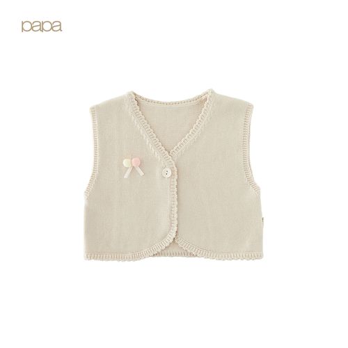 papa爬爬秋新款女宝宝纯棉毛线开衫马甲婴儿保暖背心6个月-2岁 米白