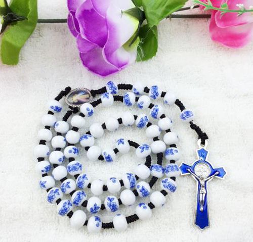包邮中国风8mm潮流青花瓷珠纯手工绳编长念珠   天主教基督教圣物