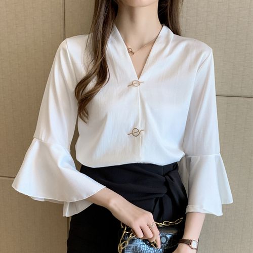 秋装2022新款女洋气荷叶边长袖v领雪纺衫女士衬衫设计感小众上衣