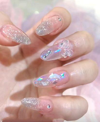 碎钻渐变蝴蝶结贝壳片小红书同款美甲贴片穿戴甲成品