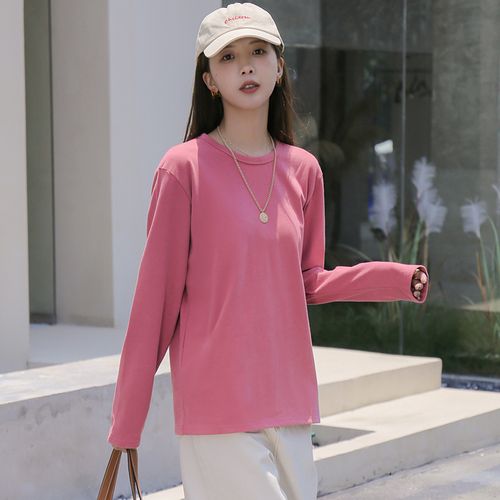 桃红色磨毛棉软糯超柔长袖t恤2021秋冬厚实显白纯色打底衫女内搭