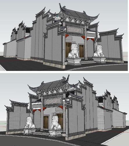徽派徽州三进两明堂古建筑祠堂民居民宿草图大师su模型马头墙石狮