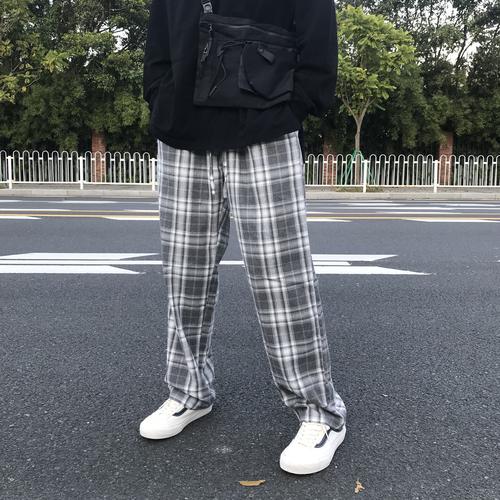 huffnpuff高级灰格子裤高街潮牌男女情侣直筒宽松松紧