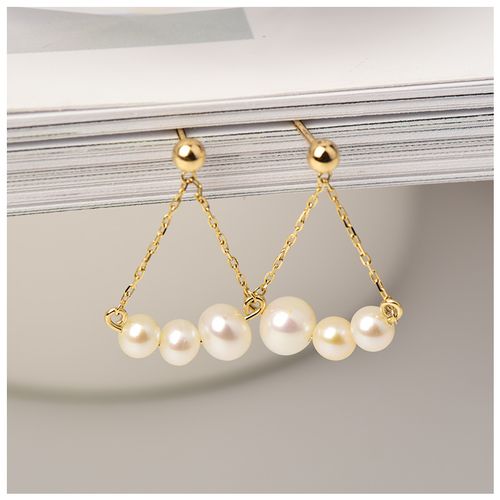 韩国流行纯14k黄金耳钉女 时尚气质淑女款珍珠吊坠耳