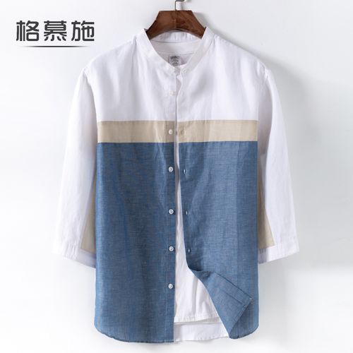 格慕施亚麻衬衫男装短袖宽松七分袖大码薄款中袖棉麻男士休闲衬衣