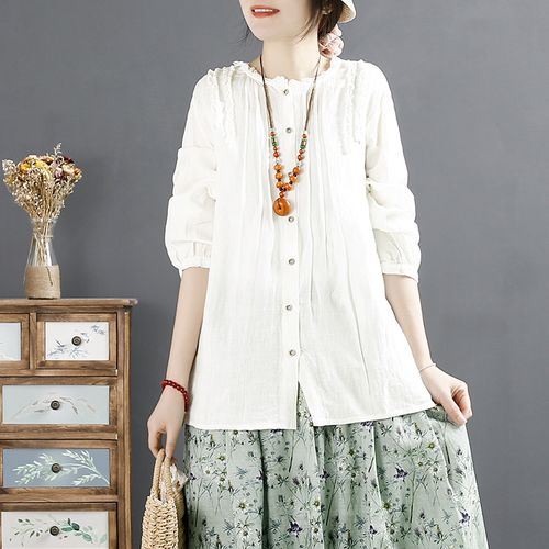 千秋飞燕文艺荷叶领花边衬衫女2022春季新款风琴褶皱宽松亚麻上衣