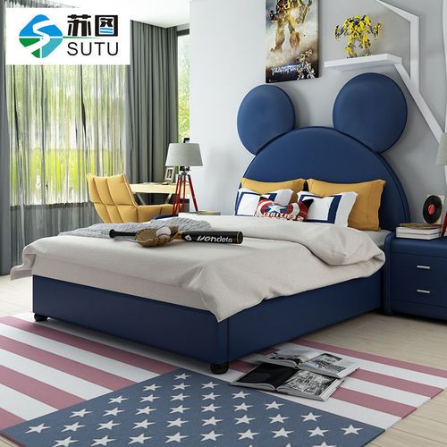 美式儿童床单人床青少年男孩床现代简约儿童套房北欧真皮床