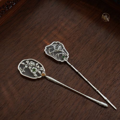 青荷记忆原创设计 画骨生香系列 纯银宝石团扇复古风汉服发簪