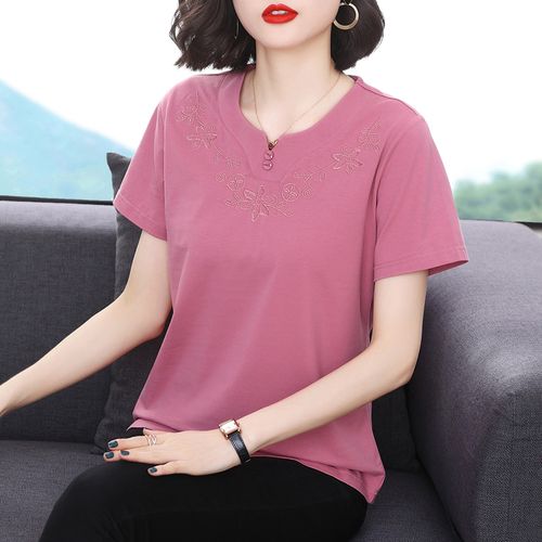 纯棉短袖t恤女刺绣2021新款夏季宽松半袖中老年妈妈遮