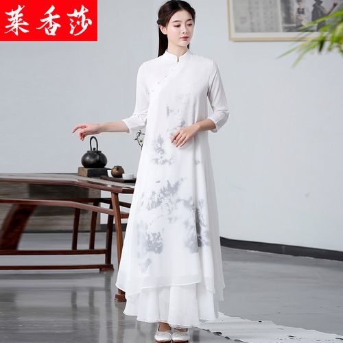 中国风茶艺服装女禅服茶服禅舞服装古风汉服改良旗袍连衣裙两件套