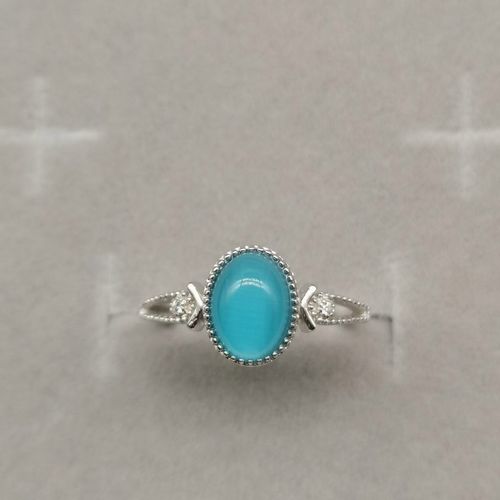 925纯银戒指银镶钻蓝色猫眼石戒指网红银饰食指戒指开口指环 招财