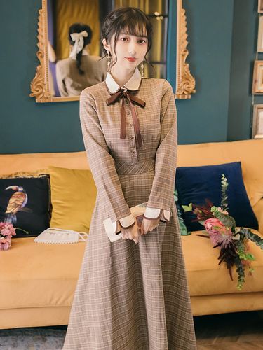 法式桔梗连衣裙民国复古女装少女小洋装英伦学院风格子polo领长裙