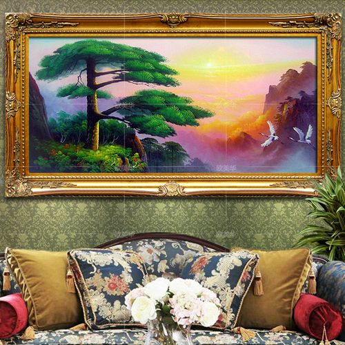 中堂迎客松壁画酒店大堂山水画风水靠山客厅沙发背景墙挂手绘油画