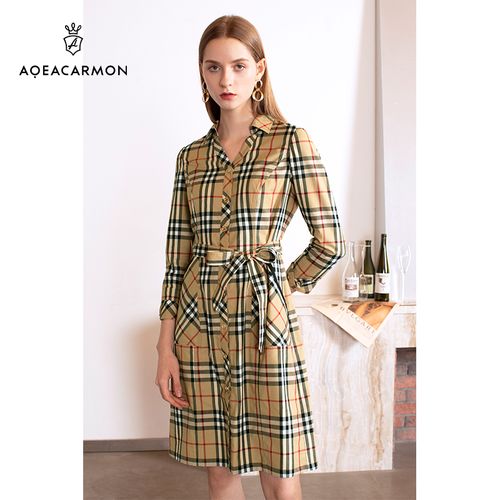 aqeacarmon雅格上美2021秋冬商场同款格纹连衣裙春秋女装春天裙子