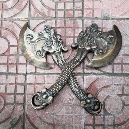 纯铜斧头青铜鎏金龙头斧子摆件铜器