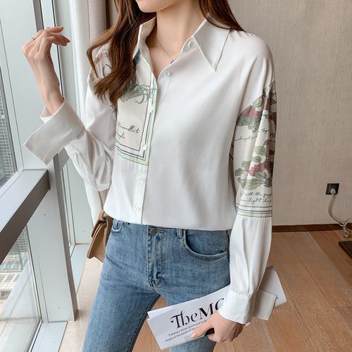 白衬衫女长袖秋装2021年新款韩版宽松拼接印花衬衣设计感别致上衣