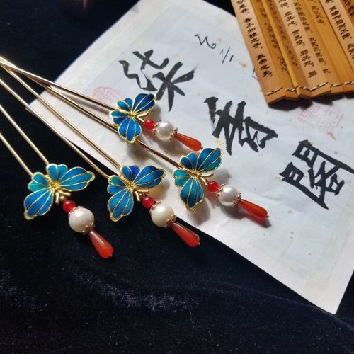 【柒香阁】手工制作汉服配饰之孔雀羽毛点翠蝴蝶神棍百搭发簪发钗