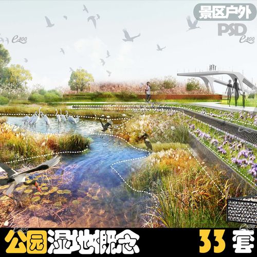 景观效果图拼图风国际风国外竞赛psd湿地公园园林设计刨面图