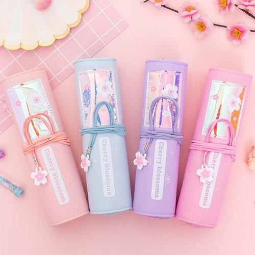 紫色少女高校笔袋小众冷门樱花卷帘卷笔袋ins日系高颜值女孩 帆布