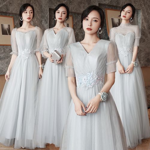 灰色伴娘服2021年新款春季长款姐妹服伴娘团晚礼服裙