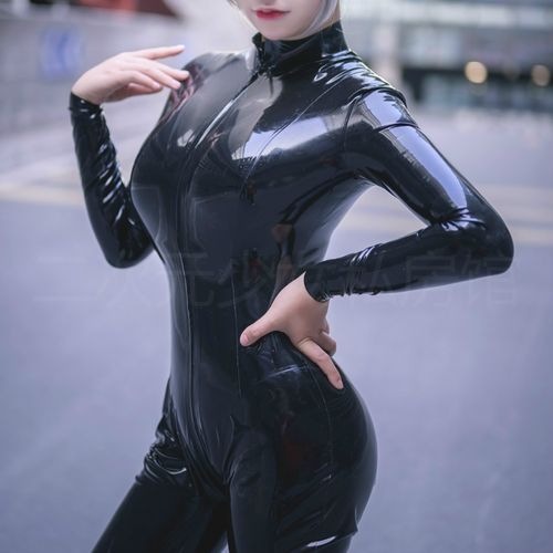色女神连体双拉头拉链开档cosplay紧身pu镜面皮衣性感