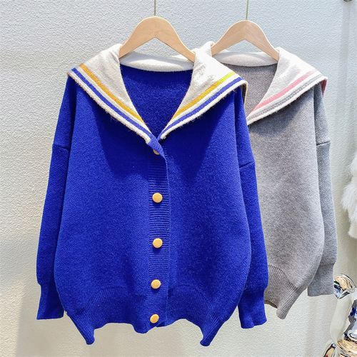 海军领毛衣开衫女2021秋冬季新款学院风设计感减龄外穿针织衫外套