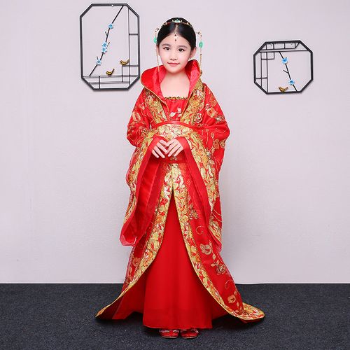 儿童古装女唐朝贵妃皇后宫廷红色拖尾绣花公主古代汉服舞台演出服