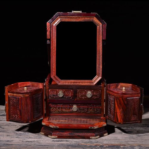 红木化妆盒大红酸枝丹凤朝阳首饰盒带镜子带锁中式复古木质梳妆珠宝箱