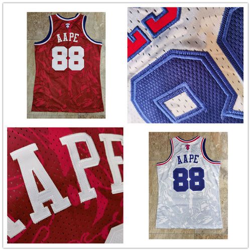 全刺绣 88号aape复古联名1988全明星球衣密绣版篮球服 红色 白色