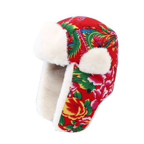 东北大花帽子雷锋帽m女冬季复古保暖可爱护耳棉帽子男潮青年民族