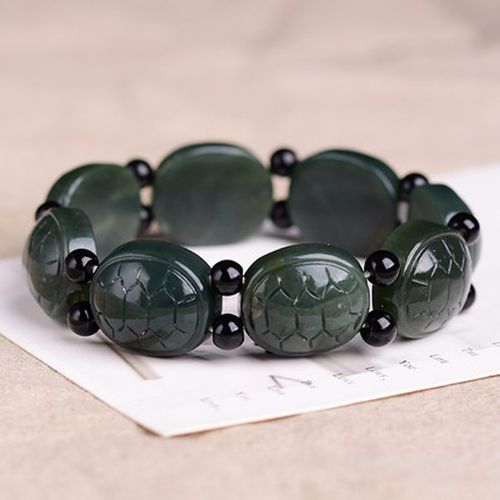 和田玉手链男款乌龟壳手串黑青玉手排弹性真品带证书