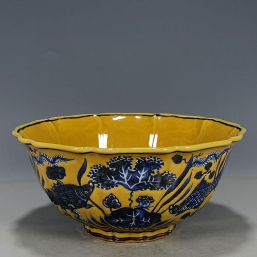 大明宣德年制青花黄地鱼藻碗 古董古玩收藏 保真瓷器摆件 旧货