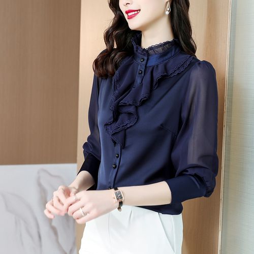 新款复古港味花边领子衬衫设计感小众荷叶边修身上衣女