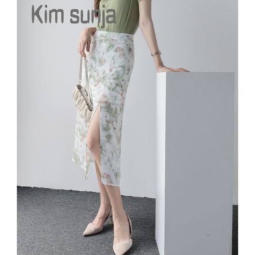 夏季新款淡雅水墨画通勤直筒中长裙大牌女装潮牌 绿 s 模特码162/88