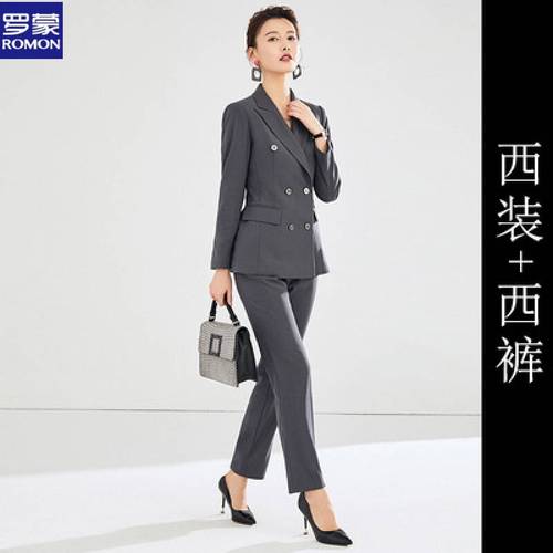 中国红罗蒙西服职业装秋冬新款时尚气质灰色西装套装休闲英伦风职场女