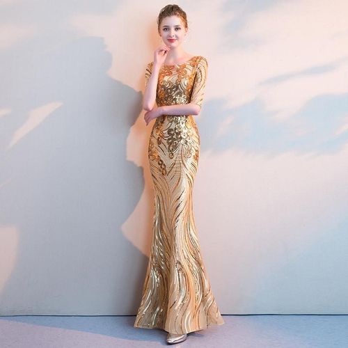 金色晚礼服裙女2020新款宴会高贵优雅性感名媛长款鱼尾年会主持人