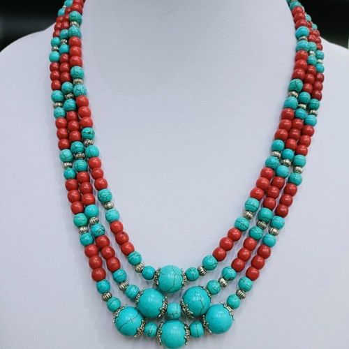 波西米亚民族风绿松石三层项链首饰复古优雅个性百搭绿红松石项链