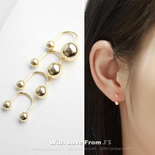 韩国正品纯14k黄金 双金球u型弯钩耳钉 金豆豆金球堵