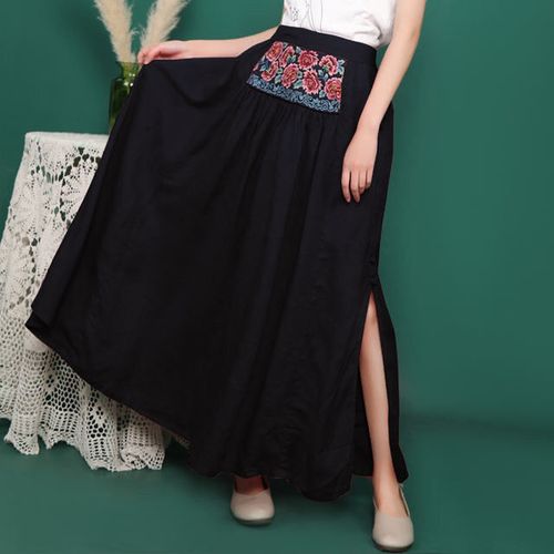2020春夏新款棉麻半身裙绣花百搭中国风民族风裙子超大摆中裙女