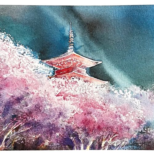 「shuna」樱花の日与夜1日本原版谷村勲京都风景水彩画明信片现货