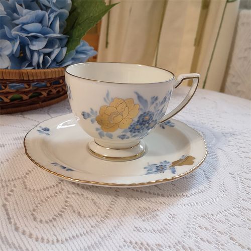 日本制 yamaka联名中古咖啡杯贴金牡丹红茶杯碟欧式复古风青花