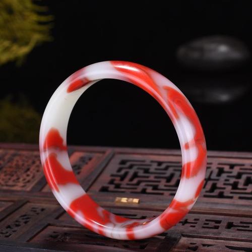 和田玉鸡血玉手镯 新疆飘花金丝玉鸡血玉手镯加宽玉镯女款