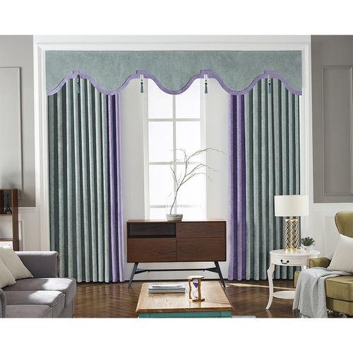 新中式窗帘 雪尼尔简约现代高档客厅卧室窗帘布定制拼接帘头窗幔