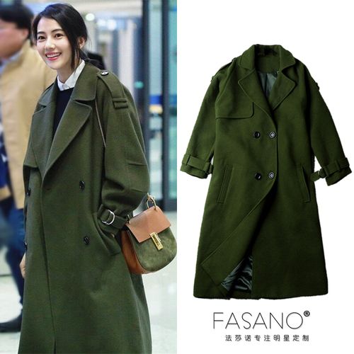 秋冬新款高圆圆明星同款军绿色双面羊绒质感宽松加厚中长毛呢外套