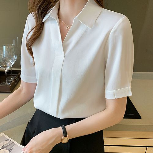 设计感小众衬衫上衣女短袖夏季新款宽松气质polo领白色职业衬衣潮